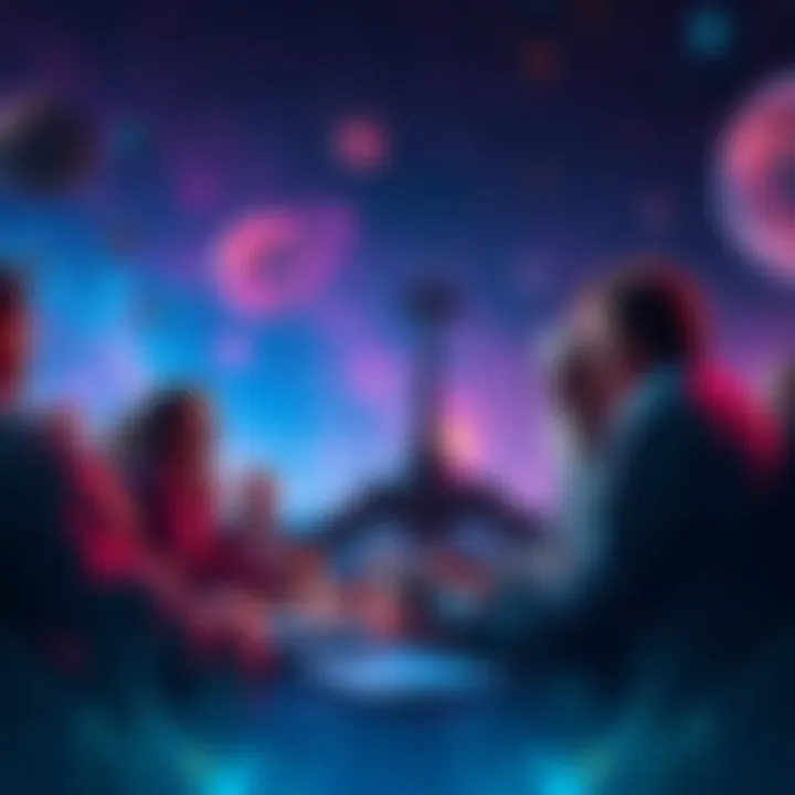 Group of astral projectors engaged in a serious conversation about shifting experiences, with a cosmic background representing astral themes.