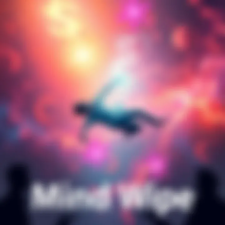 A person floating in a colorful astral landscape, surrounded by swirling lights and faint silhouettes, representing memory loss.