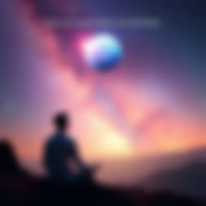 A person meditating with a glowing aura, looking towards a vast starry sky, representing the astral realm.