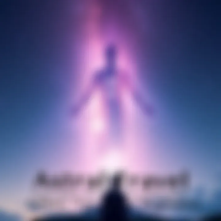 A serene night sky with a silhouette of a person meditating and a faint outline of an astral body rising above them, representing astral travel.