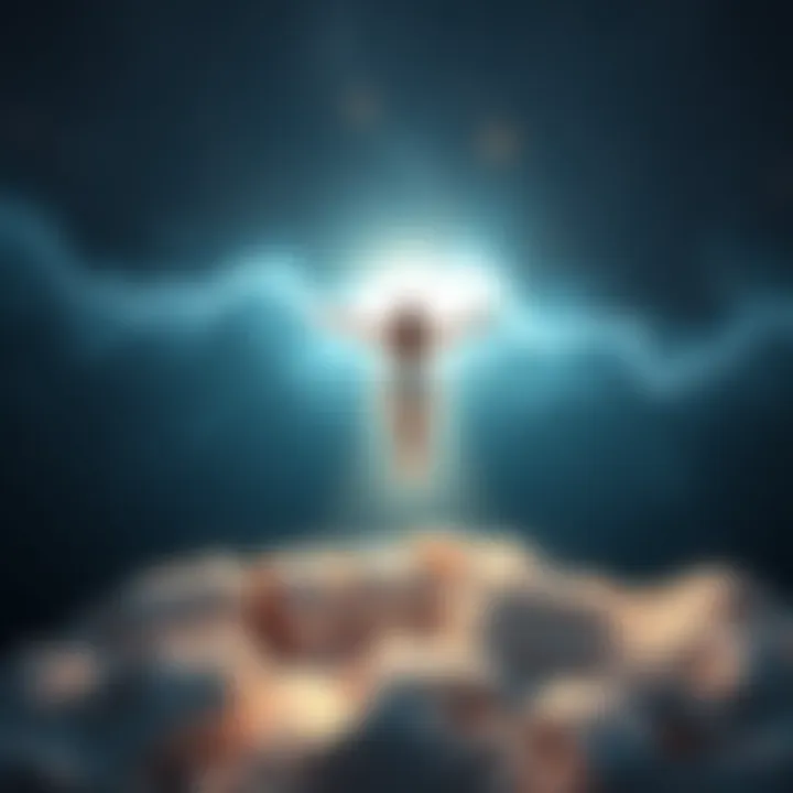 Astral Travel Experience A person floating above their sleeping body, surrounded by a soft glow and gentle waves representing vibrating sensations.