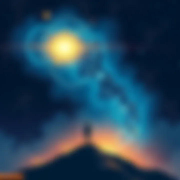 Astral Travel Illustration A person projecting their spirit into a starry night sky, surrounded by bright stars and cosmic elements, symbolizing astral travel.