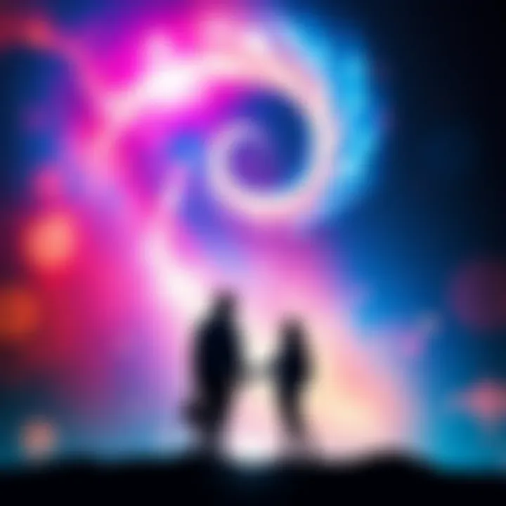 Astral travelers meeting in a dreamscape Two silhouettes connecting in a colorful astral realm filled with stars and swirling lights