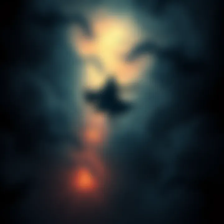 A person floats in a dark astral void filled with swirling shadows, reflecting feelings of desolation and uncertainty. Distant lights hint at knowledge beyond reach.