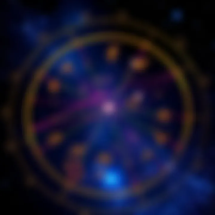 A colorful astrocartography chart with various lines and symbols, representing different locations and influences without specific birth time data, set against a starry background.