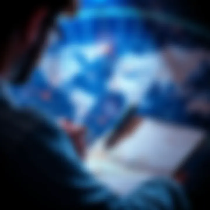 A person analyzing an astrocartography chart with a map and notebook, looking for peaceful locations.