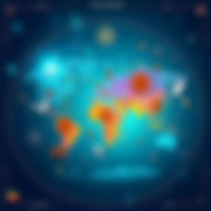 Illustration of various astrocartography symbols on a world map, highlighting their meanings and geographical influence in astrology.