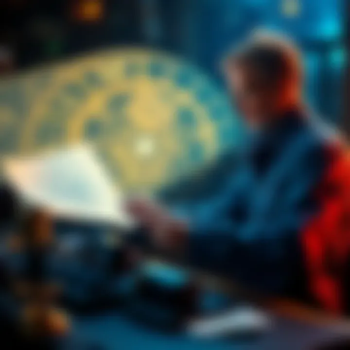 Astrologer analyzing the 12th house An astrologer examines astrological charts focusing on the 12th house, with celestial symbols and zodiac signs visible.