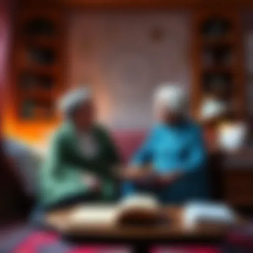 A daughter and a 94-year-old astrologer sit together in a cozy room, surrounded by astrological charts and books, discussing future predictions.