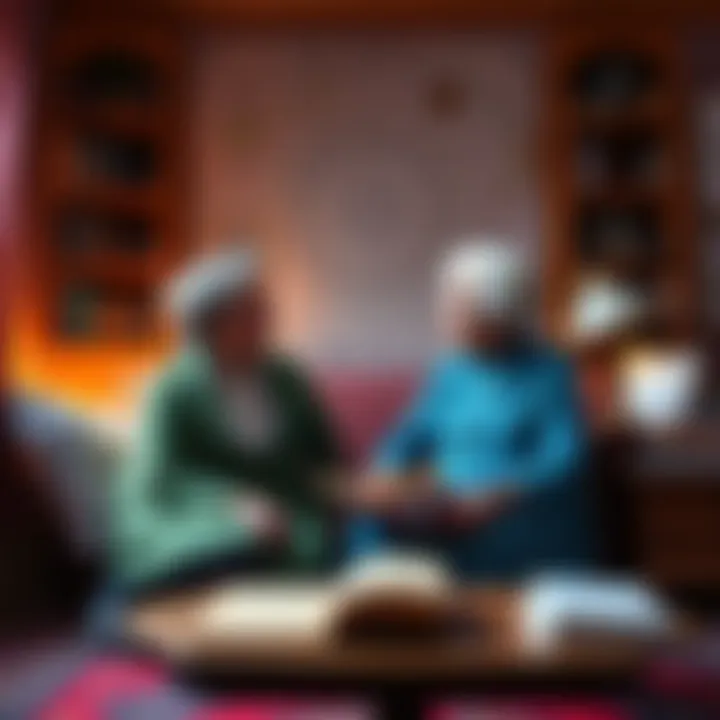 A daughter and a 94-year-old astrologer sit together in a cozy room, surrounded by astrological charts and books, discussing future predictions.