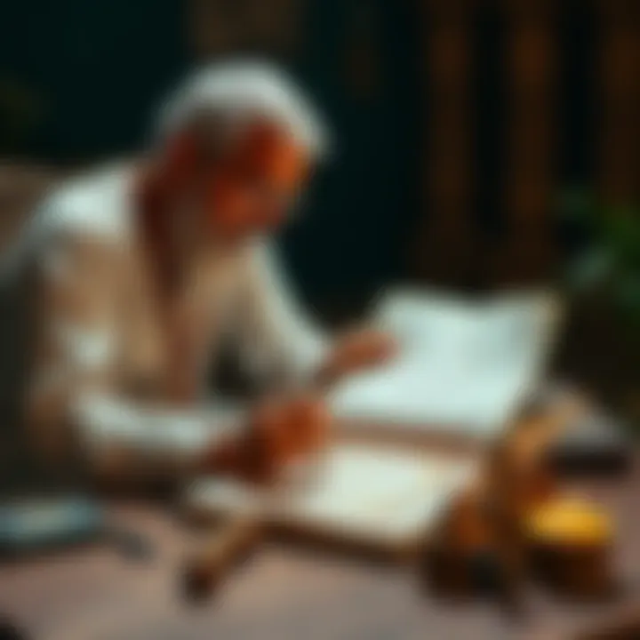 Astrologer studying a birth chart with ancient texts and tools on the table