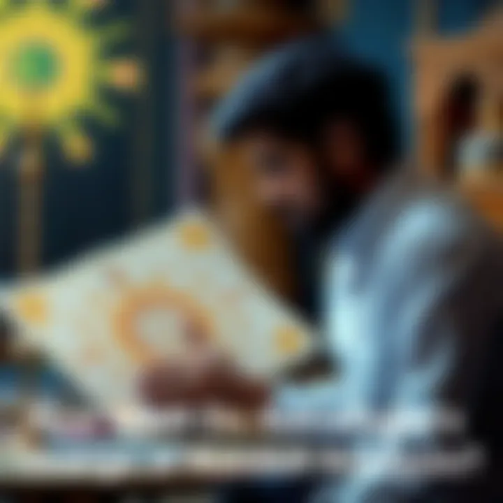 Astrologer analyzing a kundali chart An astrologer reviewing a kundali chart with astrological symbols and planets