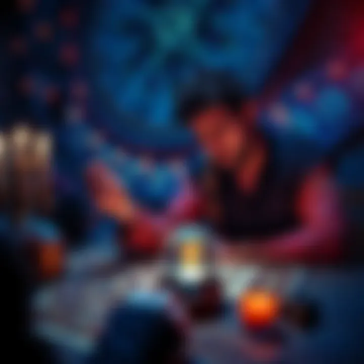An astrologer showing a worried Scorpio person during a reading session with tarot cards and a crystal ball on the table
