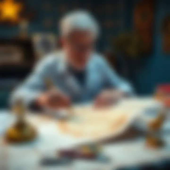 An astrologer analyzing a birth chart with symbols and zodiac signs on a table