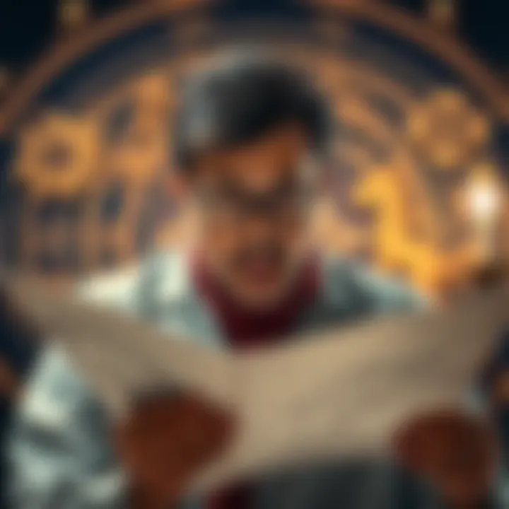 An astrologer examining a birth chart with a concerned expression, symbols and zodiac signs in the background.