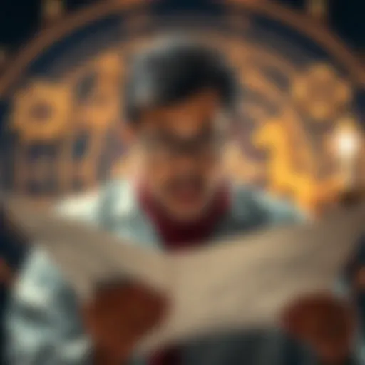 Astrologer Reading Charts An astrologer examining a birth chart with a concerned expression, symbols and zodiac signs in the background.