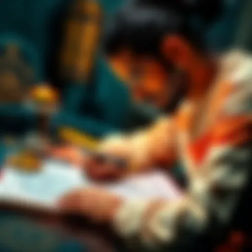 An astrologer analyzing a Kundali chart with astrological symbols and a notebook.