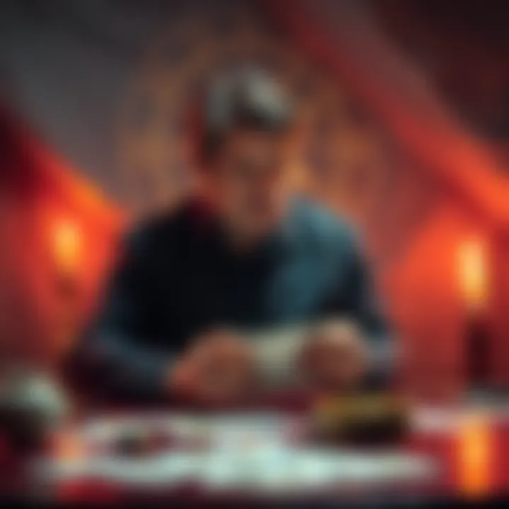 An astrologer sitting at a table with tarot cards, looking thoughtful as they analyze the cards amidst a backdrop of astrological symbols.