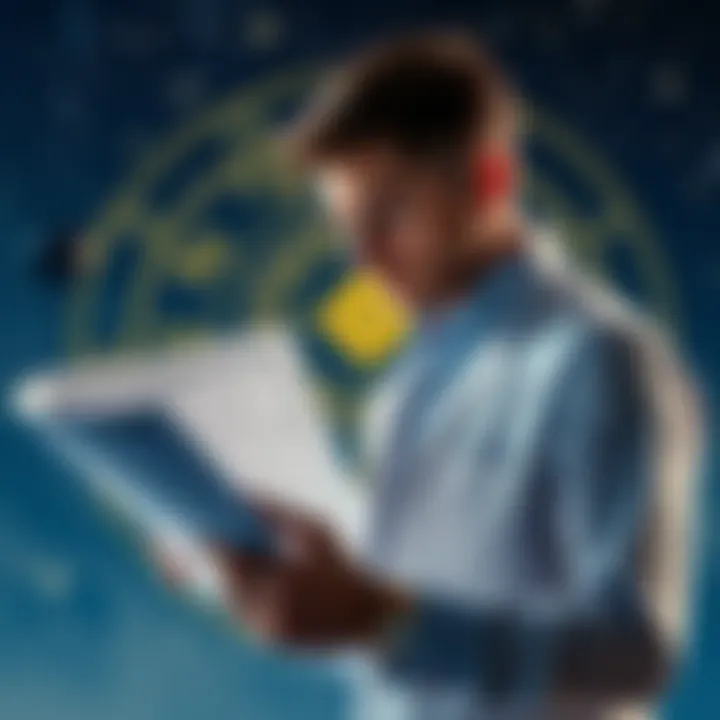 An astrologer studying a birth chart with astrological symbols and a starry background