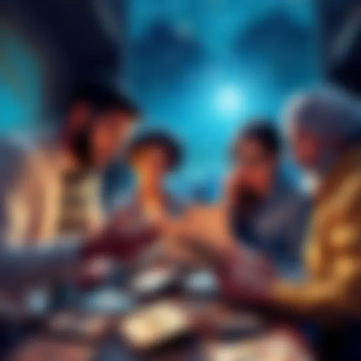 A group of astrologers discussing charts and tarot cards with worried expressions