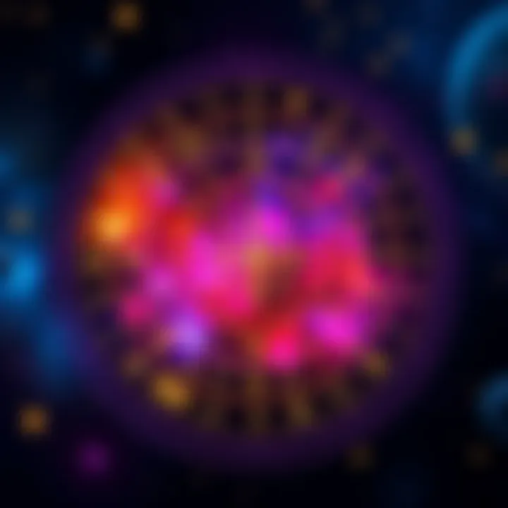 A colorful birth chart with zodiac signs and planetary symbols surrounded by stars