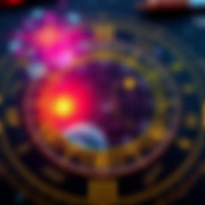 A vibrant astrological chart showing celestial symbols with the 8th house section highlighted in a bright color