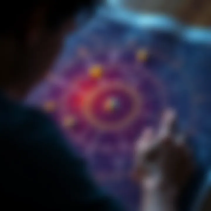 A person analyzing an astrological chart with planets and signs, looking for traits linked to obsessive behaviors in partners.