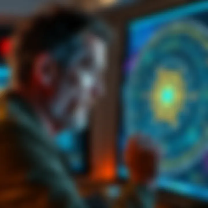 Astrological Chart Analysis A 43-year-old man looking at an astrological chart with AI insights displayed on a screen