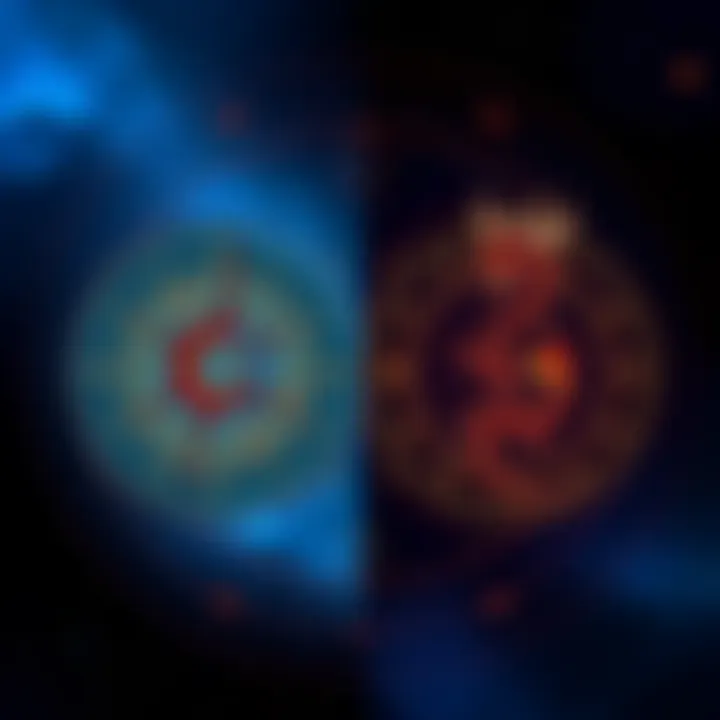 Two astrological charts side by side showing natal and draconic elements with contrasting colors.