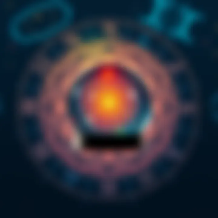 An astrological chart with zodiac signs and a crystal ball, symbolizing psychics and astrology