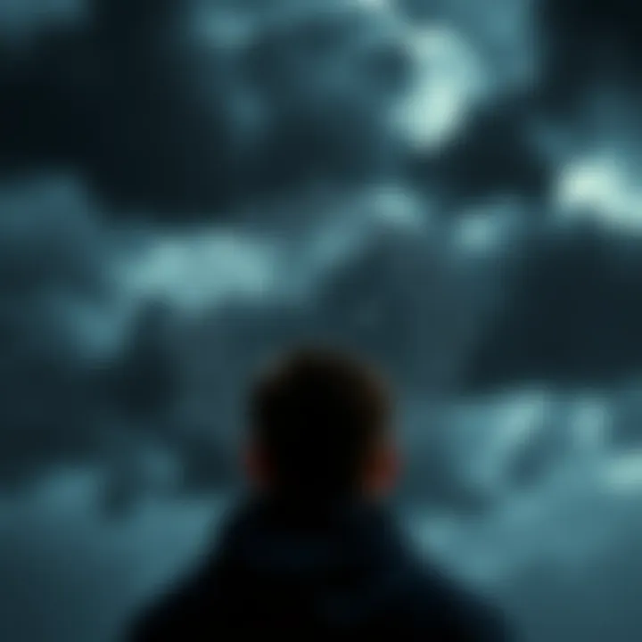 A person looking concerned at a dark astrological chart with stormy clouds above, symbolizing a bleak outlook