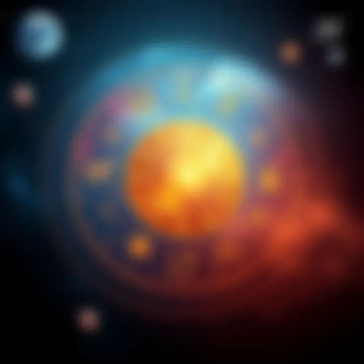 An astrological chart displaying the eighth house, symbolizing transformations and challenges, with celestial symbols and zodiac signs in view.