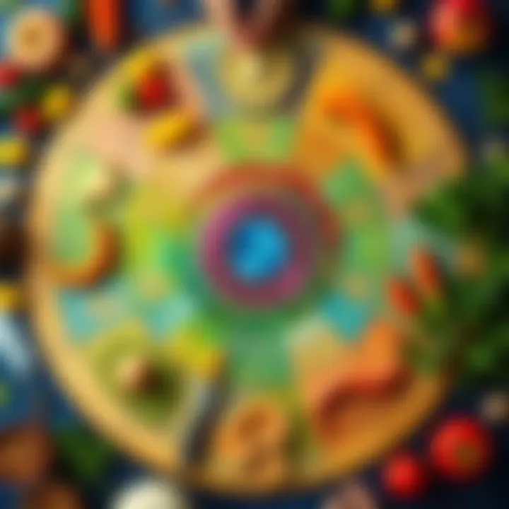 A colorful astrological birth chart surrounded by images of healthy foods and symbols of healing, representing the connection between astrology and overcoming eating disorders.