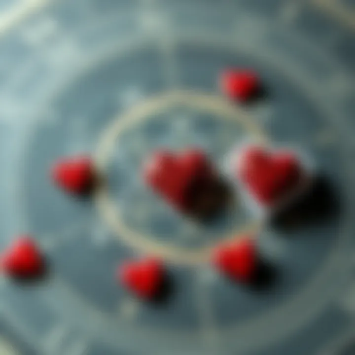 An astrological chart with heart symbols, representing love and partner encounters related to 7th house placements.