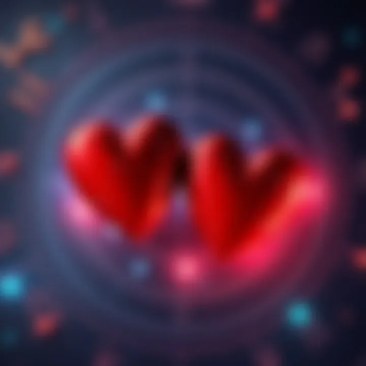 Astrological Chart with Hearts An astrological chart with two hearts connecting, symbolizing strong bonds in relationships through synastry.