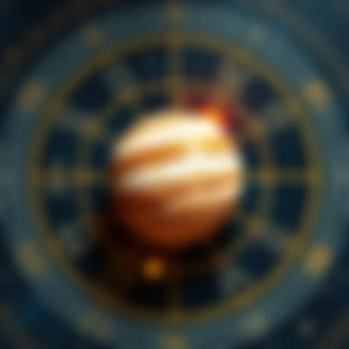An astrological chart highlighting Jupiter placements with symbols and glowing stars, representing special treatment in astrology.