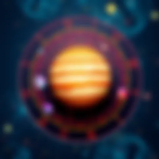 A colorful astrological chart featuring the symbol of Jupiter surrounded by zodiac signs, illustrating personal growth challenges during Retro Jupiter.