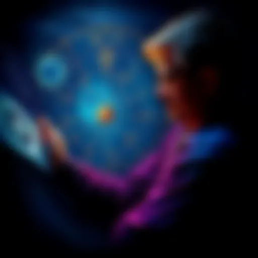 A man analyzing his astrological chart with symbols for sun, moon, and rising signs visible
