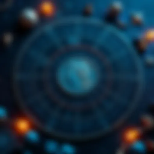 An astrological chart showcasing Mercury symbols and retrograde motion, surrounded by celestial elements.