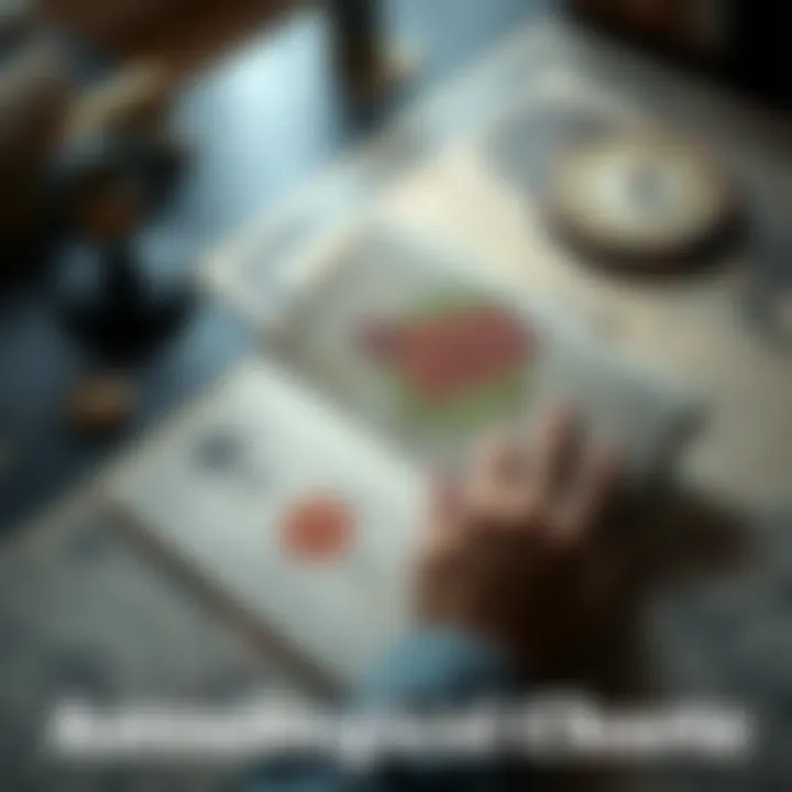 An open astrological chart on a table, surrounded by star charts and astrological symbols, with a person studying it closely.