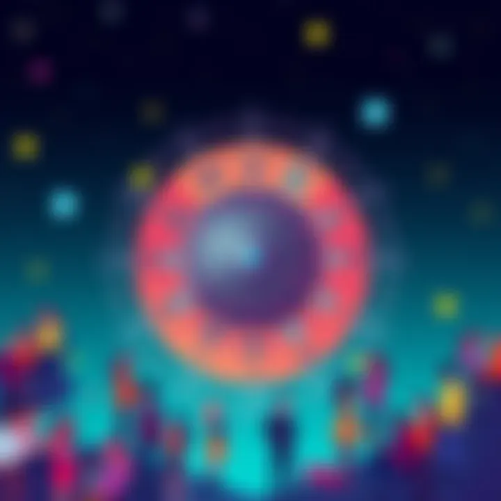 A colorful Natal chart with symbols representing different zodiac signs, surrounded by icons of diverse couples symbolizing love and relationships.