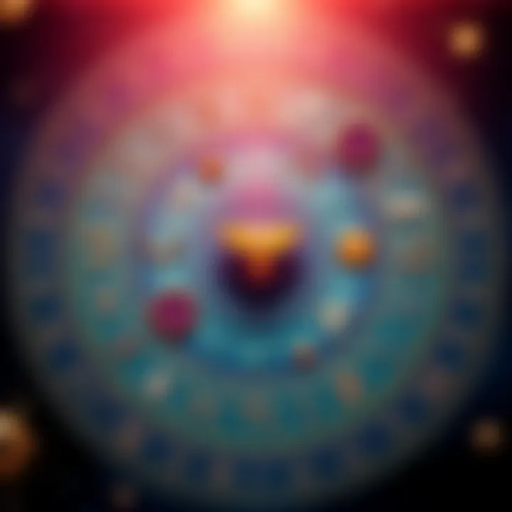 An astrological chart showing various zodiac symbols and elements, representing personality traits and relationships.