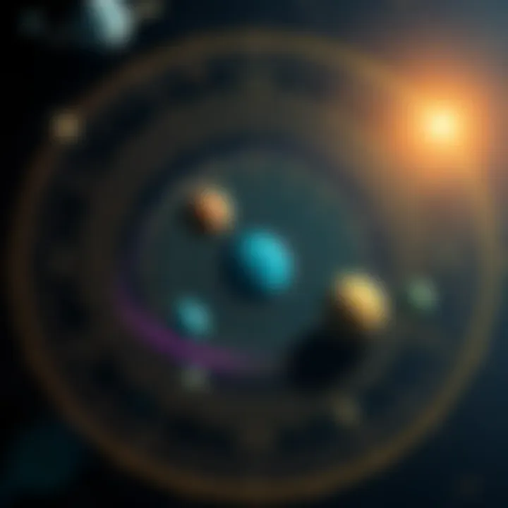 A detailed illustration of an astrological chart showing planetary positions with zodiac signs around it.