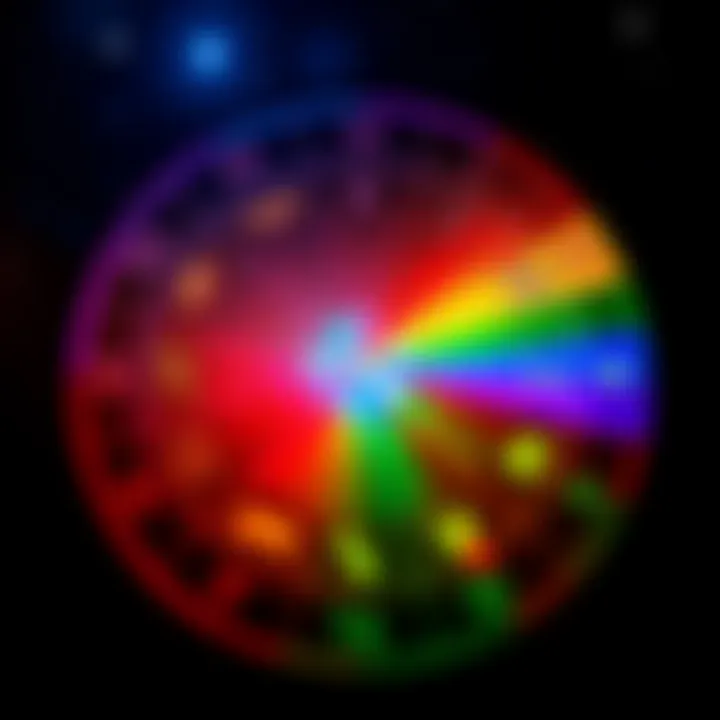 A colorful astrological chart featuring zodiac symbols and a rainbow design, representing queerness and astrology.