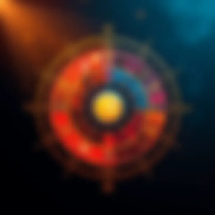 Astrological Chart with Symbols A colorful astrological chart featuring zodiac signs, planets, and aspects, showcasing both bright and darker areas to represent favorite and least liked traits.