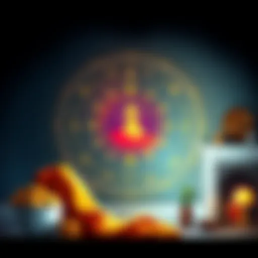 A colorful astrological chart showing the position of Venus with symbols representing luxury and comfort, surrounded by images of wealth like gold coins and a cozy home