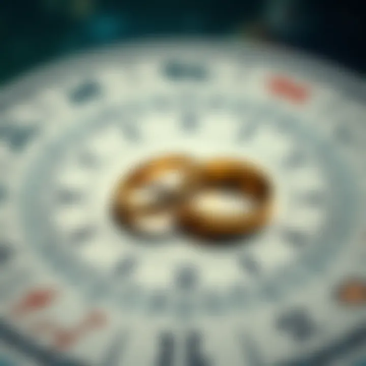 An astrological chart showing zodiac signs with two wedding rings placed on top, symbolizing marriage timing influenced by birth details.