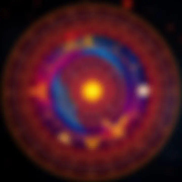 Astrological chart with zodiac signs A colorful astrological chart showcasing Leo sun, Scorpio Moon, and other zodiac signs, representing the idea of personal grudges based on astrology.