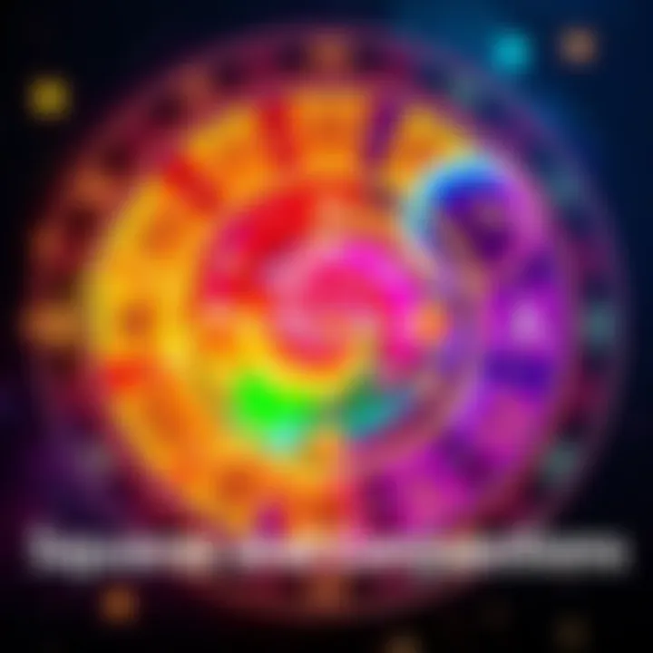 A colorful astrological chart showing multiple squares and conjunctions, symbolizing personality traits and life challenges, with zodiac signs and planets