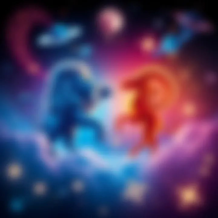 Astrological Compatibility A vibrant illustration showing the symbols of Leo and Aries zodiac signs with stars and planets around them, representing their compatibility.